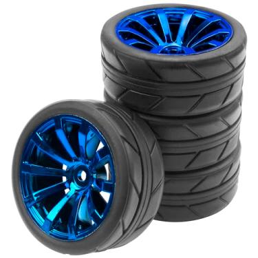 Imagem de ShareGoo OD 2.55" Rubber Tires w/Plastic Wheel Rims 12mm Hex Compatible with HSP Tamiya Kyosho Traxxas Sakura WLtoys 1/10 RC On Road Racing Touring Car (Blue)