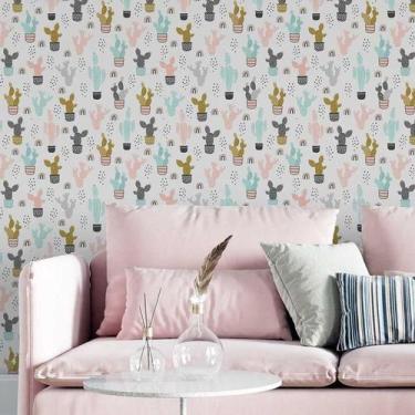 Imagem de Papel de Parede Adesivo Cactos E Arco-íris N05037 0,58X2,5M - Adesivo 