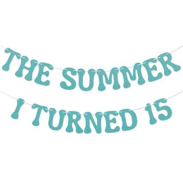 Imagem de Banner The Summer I Turned 15 - Bruh Teen Boy 15th Birthday Decor, Cheers to 15 Years, Summer Beach Decorações de festa de aniversário de 15 anos com glitter azul