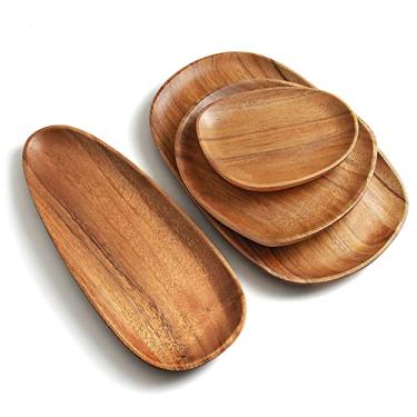 Imagem de Bandeja de servir de madeira, AOOSY Conjunto de pratos de madeira para servir alimentos, frutas, legumes, carne, café da manhã, almoço, jantar na cama, pratos decorativos de pão, tábua de servir de