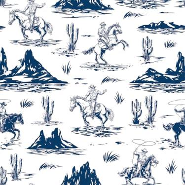 Imagem de Stickyart Papel de parede de caubói ocidental azul branco 44,5 cm x 701 cm cowboy cavalo cacto montanha toile papel de parede removível rústico rancho ocidental azul papel de parede autoadesivo para