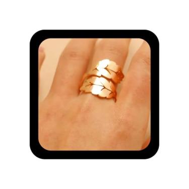 Imagem de Iaceble Boho Vintage Leaf Anel Aberto Ajustável Folha Dourada Anel Ajustável Metal Oco Leafs Anéis Punk Hollow Leafs Finger Rings Joias para Mulheres, Zinco, Sem pedra preciosa