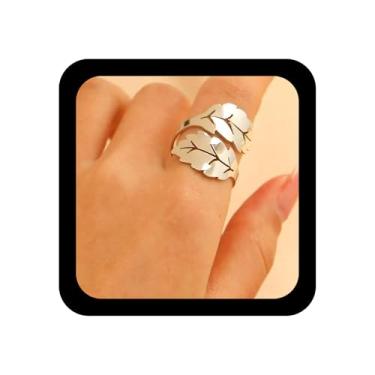 Imagem de Iaceble Boho Vintage Leaf Anel Aberto Ajustável Folha Dourada Anel Ajustável Metal Oco Leafs Anéis Punk Hollow Leafs Finger Rings Joias para Mulheres, Zinco, Sem pedra preciosa