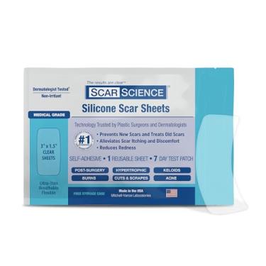 Imagem de ScarScience Patch de teste de cicatriz de silicone de grau médico com estojo de armazenamento – Folhas de cicatriz de silicone reutilizáveis para cicatrizes cirúrgicas, acne, queimaduras, queloides e