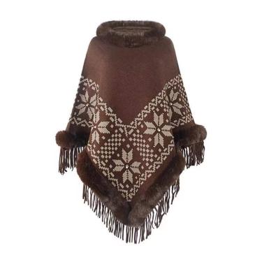 Imagem de Casaco De Capa De Inverno Feminino Poho Xale Envoltório Guarnição De Pele Falsa De Luxo Gola Redonda Sem Mangas Padrão Geométrico Borla Tricô Suéter Pulôver, Coffee, One Size