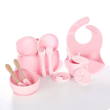 Imagem de Kit Introdução Alimentar Bebê Treinamento Prato Talher 10 Peças Rosa
