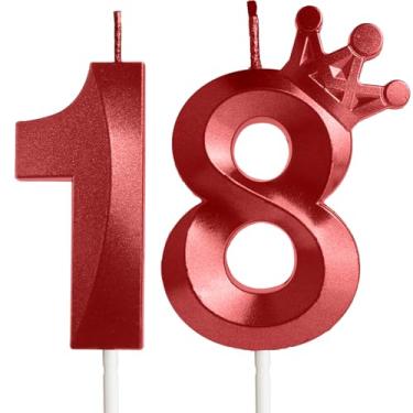 Imagem de Velas de aniversário de 18 anos para bolo, número 18, velas vermelhas com coroa, design 3D, enfeite de bolo de aniversário para meninos e meninas, festa de aniversário, casamento, celebração