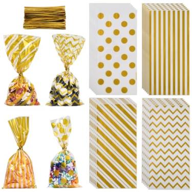 Imagem de SOFPLATE 100 peças, 4 estilos, 13 x 26 cm, sacos de celofane dourados, sacos de guloseimas de celofane com laços a granel plástico transparente com estampa de bolinhas listradas, sacos de doces para