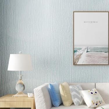 Imagem de ESSMOKO Papel de parede autoadesivo listrado de lama de diatomáceas 3D engrossado, quarto, sala de estar, fundo para casa - azul claro-53 * 500 cm