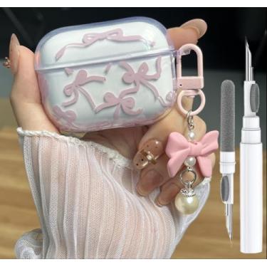 Imagem de Capa fofa para AirPods Pro 2/1 2023/2022/2019 para estampa de laço feminino, design moderno, laço, estética, à prova de choque, Apple Airpod Pro 2ª/1, com kit de limpeza e chaveiro de pérola com laço