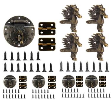 Imagem de 19 conjuntos de dobradiças de caixa de joias retrô, protetor de canto de pé de cavalo, trava de gancho decorativa vintage, trava direita antiga com parafuso, para móveis, caixas de madeira, caixas de