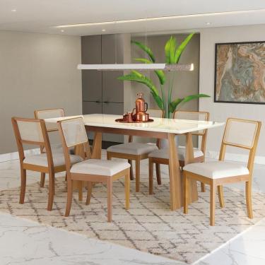 Imagem de Conjunto Sala De Jantar Madeira Maciça 6 Cadeiras Kappesberg Off White Linho Caqui tela Bege