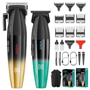 Imagem de VGR Conjunto De Aparador E Máquina De Cortar Cabelo Profissional Para Homens, Aparador De Barbeiro E Kit De Aparador De Lâmina T Zero Gap, Kit De Corte De Cabelo Recarregável Usb Sem Fio Com 9 Pente