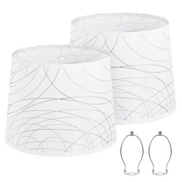 Imagem de Conjunto de 2 abajures brancos para luminária de chão de mesa, abajures com design de linha, 32,3 cm superior x 32,3 cm inferior x 25,4 cm de altura, linho natural feito à mão, suporte de harpa para