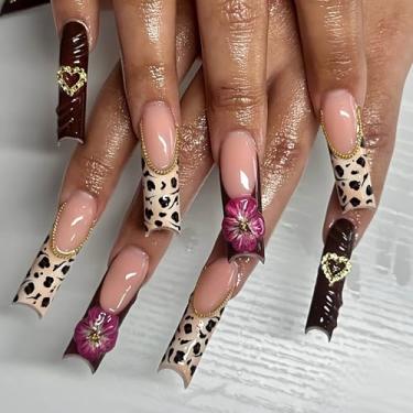 Imagem de RTKHFZE Unhas postiças longas quadradas de leopardo com ponta francesa cola em unhas postiças com flor 3D unhas artificiais coração metálico acrílico para mulheres, 24 peças