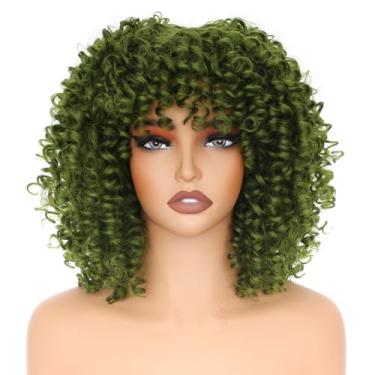 Imagem de PORSMEER Perucas Afro Curly de 35,5 cm, Curtas Soltas e Curtas com Franja para Mulheres Negras, Cabelo Afro Sintético dos Anos 70 (Verde)