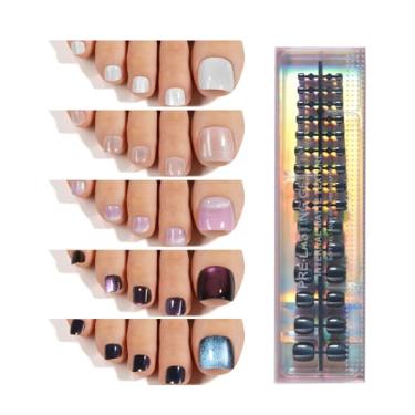 Imagem de 150 peças de pontas de unha olho de gato, unhas postiças Plauva Toe Press, 5 cores brilhantes olho de gato, unhas postiças de gel macio para mulheres e meninas, 15 tamanhos