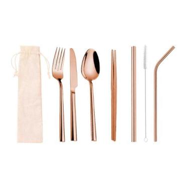 Imagem de Kit de Talheres + Canudo inox 8 em 1 (shake 12mm) - CAN.U.DO, Rose gol