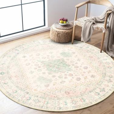 Imagem de MUJOO Tapete redondo de 1,2 m, tapete pequeno lavável, tapetes circulares para entrada, quarto, cozinha, boho, antiderrapante, rosa claro e verde