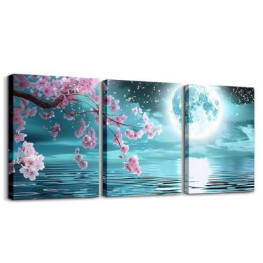 Imagem de Feelyou Arte de parede em tela flor de cerejeira para sala de estar quarto rosa cerejeira imagem decoração de parede oceano azul crianças sol mar banheiro arte de parede para decoração de casa 30 x 40