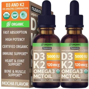 Imagem de (Pacote com 2) Gotas de vitamina D3 K2 com óleo MCT Omega 3 5000 UI 60