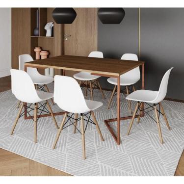 Imagem de Mesa Jantar Industrial Retangular Amêndoa 137X90Cm Base V Cobre C/6 Ca