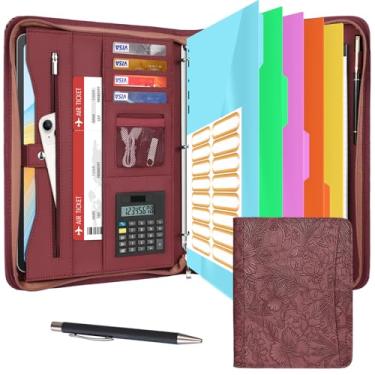 Imagem de Eshow Organizador de portfólio – fichário de 3 anéis com zíper, pasta de couro vegano com bloco de notas, inclui 5 protetores de folhas coloridas para arquivos de documentos para homens e mulheres