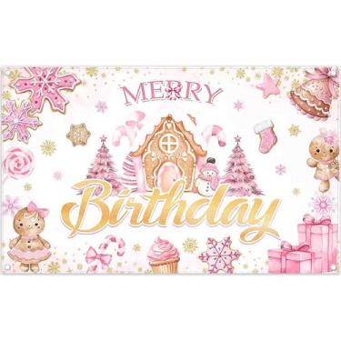 Imagem de ZTHMOE 183 x 109 cm Pano de fundo de aniversário de casa de gengibre rosa de inverno doce árvore de Natal Candyland fundo fotográfico meninas crianças decoração festa adereços para fotos