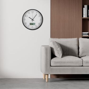 Imagem de Relógio de parede redondo de 11,6 polegadas, relógio de parede operado por bateria com visor LCD para calendário perpétuo e temperatura F, relógio de parede decorativo relógio de número árabe para