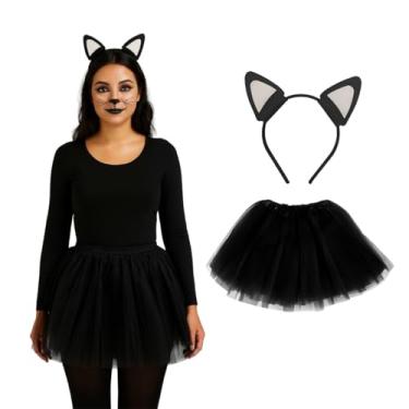 Imagem de Halloween Fantasia Mulher Gato Saia Tule Preta Tiara Orelhas