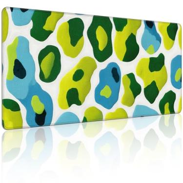 Imagem de 90 x 40 cm, mouse pad grande KOBWOPI XXL para mesa, teclado estendido para escritório de computador, mouse pad grande com bordas costuradas, PC para jogos - estampa abstrata de leopardo verde e azul