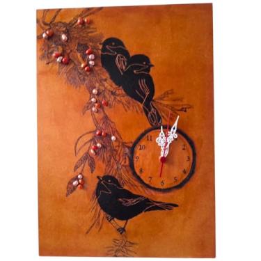 Imagem de Relógio de Parede em Quadro Decorativo sem moldura para casa, escritório ou clínica; 42cm; quartz analógico som suave; design artesanal no tema Pássaro e Flores; clássico e contemporâneo.