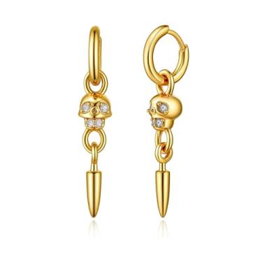 Imagem de Cicy Bell Brincos femininos de argola com pingente de caveira, punk gótico, moderno, zircônia cúbica, esqueleto, cabeça de esqueleto, joias para dia dos namorados, presentes para amigos, Free Size