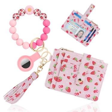 Imagem de Sunpour Chaveiro de pulso com carteira, porta-cartão RFID com AirTag, pulseira de contas de silicone impressa e bolsa de moedas, Morango, 0.3*4.97*3.6