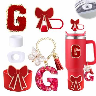 Imagem de Conjunto de 6 peças de acessórios para copo vermelho Stanley Cup 850 g 1,134 g copo com alça, incluindo tampa de cobertura de palha de silicone e bota de laço, tampa à prova de derramamento, pingente