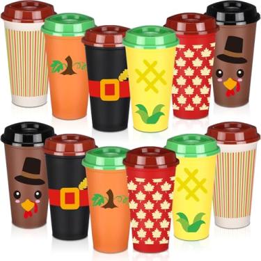 Imagem de Potchen 12 peças de copos de café reutilizáveis de ação de graças para presente a granel 473 g outono outono copos com tampa caneca de plástico abóbora peru presentes de agradecimento para bebidas