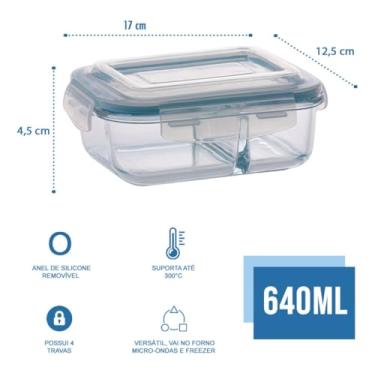 Imagem de Pote Vidro Hermético Retangular Divisória 1040ml Marmita Fitness Lunch Box Alimentos Micro-ondas