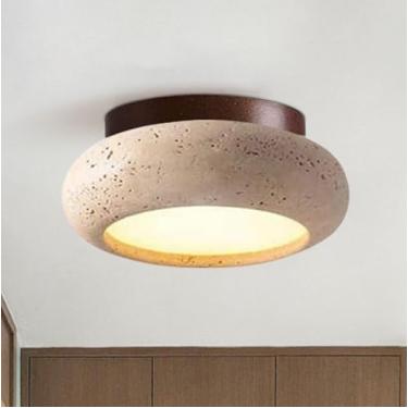 Imagem de WOSBO Luminária de teto travertino amarelo, luminária de teto minimalista Wabi Sabi de 15 cm com abajur de pedra redonda, luz de teto de montagem embutida de meados do século para quarto, sala de
