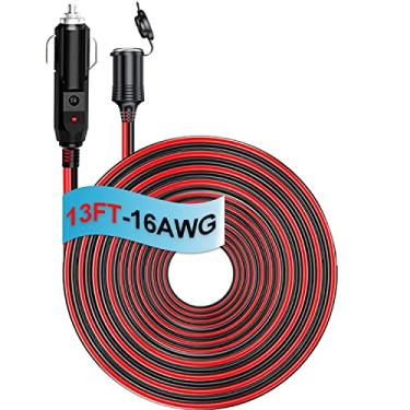 Imagem de AULESSE Adaptador de isqueiro de 4 m, soquete de isqueiro de cigarro, cabo de extensão de isqueiro 12 V 24 V plugue fêmea, cabo resistente 16 AWG com indicadores LED e fusível de 15 A