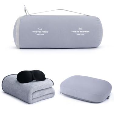 Imagem de urnexttour Conjunto de travesseiro e cobertor de viagem 4 em 1 com máscara para os olhos, suporte de pescoço de espuma de memória, cobertor de 127 x 163 cm, bolsa de armazenamento para avião, carro