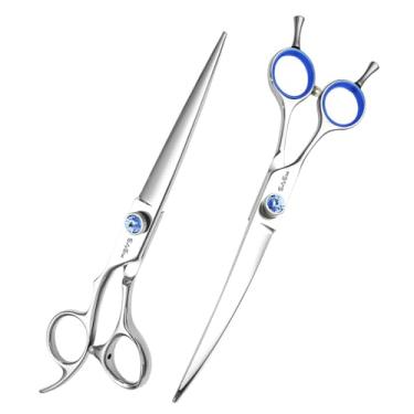 Imagem de 7 polegadas esquerda 30 ° para baixo curvo cão cuidado tesoura, japonês VG10 aço profissional animal de estimação tesoura, com segurança sem ruído ponta blunt