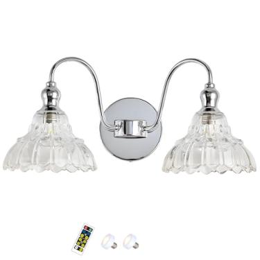 Imagem de Conjunto de dois apliques de parede, luminárias de parede sem fio operadas por bateria, luminária de parede de vidro moderna, com controles remotos e lâmpadas LED reguláveis, arandelas inter