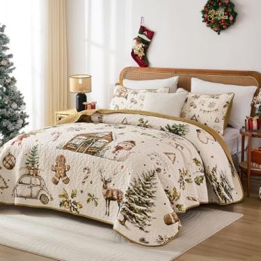 Imagem de Conjunto de colcha de Natal, tamanho Queen, conjunto de cama com tema natalino, 3 peças, marrom, árvore de Natal, boneco de gengibre, boneco de neve, caminhão, inverno, lindo desenho animado, colcha