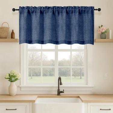 Imagem de OVZME Saia azul marinho para janelas, cortinas curtas de linho sintético texturizadas com filtro de luz para janelas, cortina curta para casa de banho, 152 cm L x 50 cm C, 1 peça