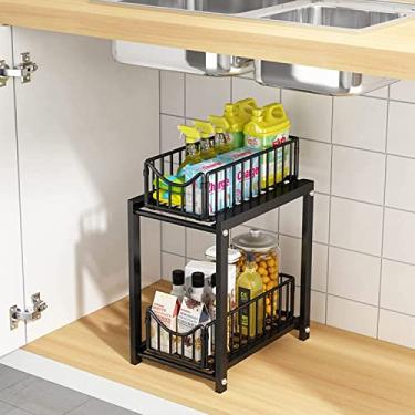 Imagem de Organizador de armazenamento sob a pia de 2 níveis empilhável sob a pia, organizador de armazenamento de malha com gaveta de armazenamento deslizante, multiusos para encime