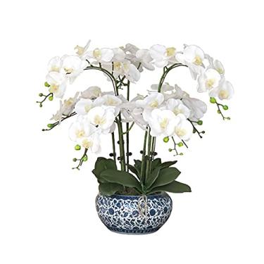 Imagem de DCYEQRQ Flor artificial em vaso, orquídea artificial com vaso, plantas falsas grandes Phalaenopsis em vaso, flores falsas para casa, sala de estar, centros de mesa, arranjos, decoração artificial