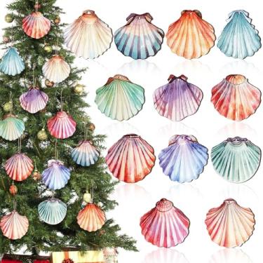 Imagem de Thyle 24 peças de enfeites de concha de Natal a granel Natal madeira oceano praia decoração de árvore de concha costeira ornamentos pendurados animais marinhos decoração com corda para artesanato faça