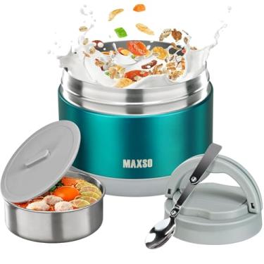 Imagem de MAXSO Pote de comida para comida quente - Sopa térmica de 680 g para adultos recipientes de almoço isolados a vácuo com colher dobrável e bolsa térmica, caixa Bento à prova de vazamento de boca larga