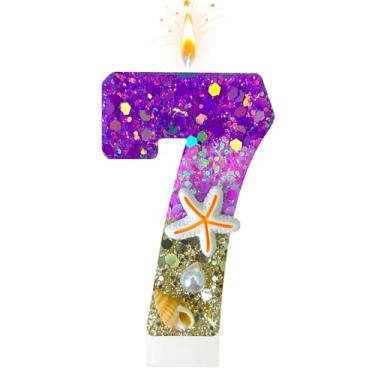 Imagem de Velas de aniversário, número 7 de praia, decoradas com conchas e pérolas para topo de bolo, adequadas para decorações de bolo de sereia, decoração de aniversário com tema de oceano (7 velas)