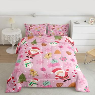 Imagem de jejeloiu Conjunto de edredom solteiro com estampa de boneco de neve e árvore de Natal Merry Xmas para crianças, meninos, meninas, floco de neve, inverno, edredom rosa, 2 peças com 1 fronha